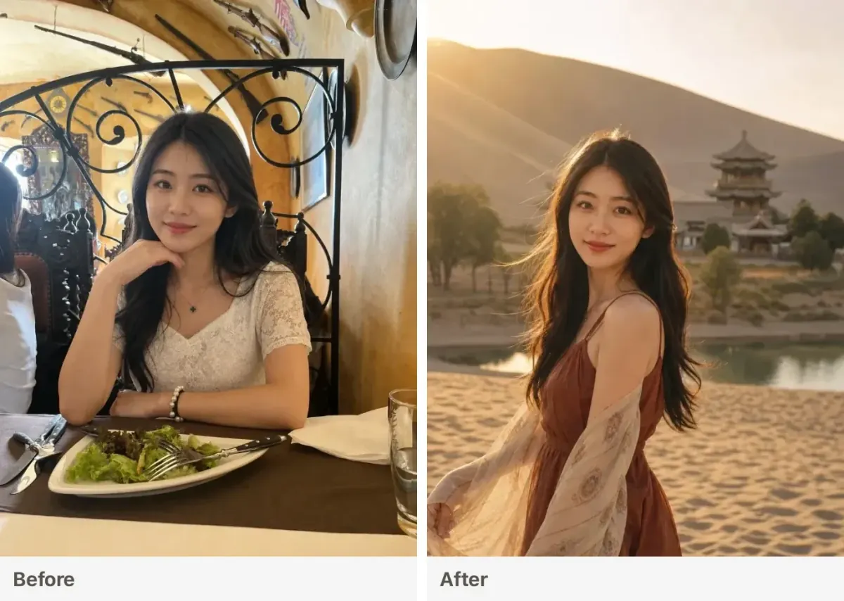 Before and after: restaurant portrait restyled into a Dunhuang desert editorial