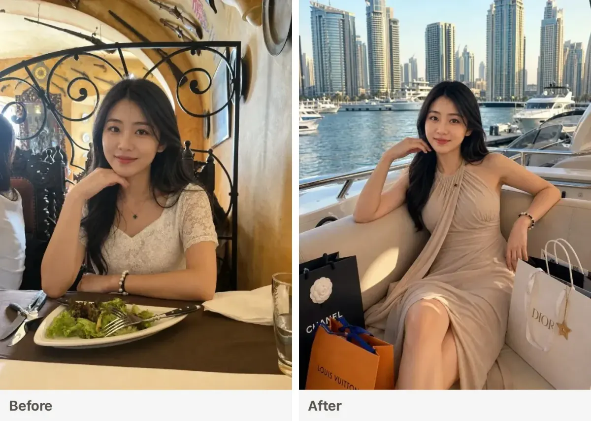 Before and after: restaurant portrait restyled into a Dubai Marina yacht scene