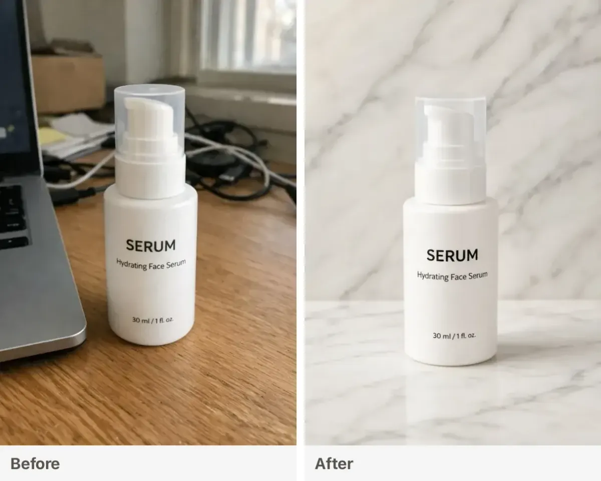 Before and after: phone desk product shot turned into marble ecommerce catalog photo