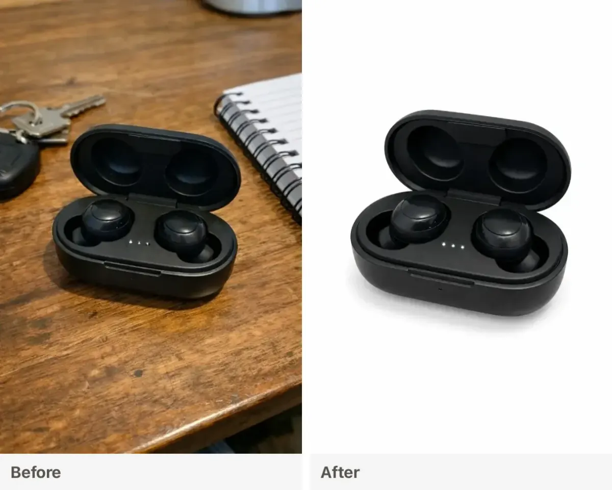 Before and after: tabletop earbuds photo turned into white seamless ecommerce hero
