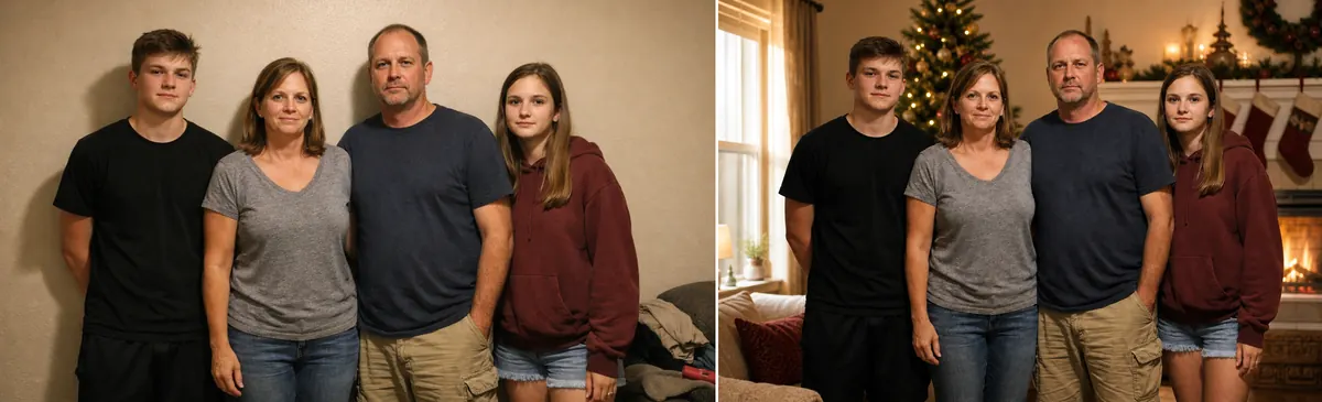 Family snapshot against a bare wall beside the same photo restyled into a Christmas living room