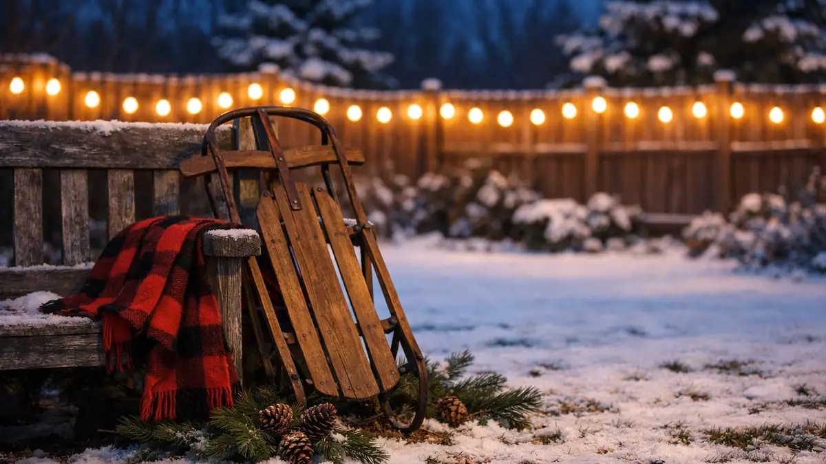 Backyard winter photo setup with a wooden sled, plaid blanket and string lights