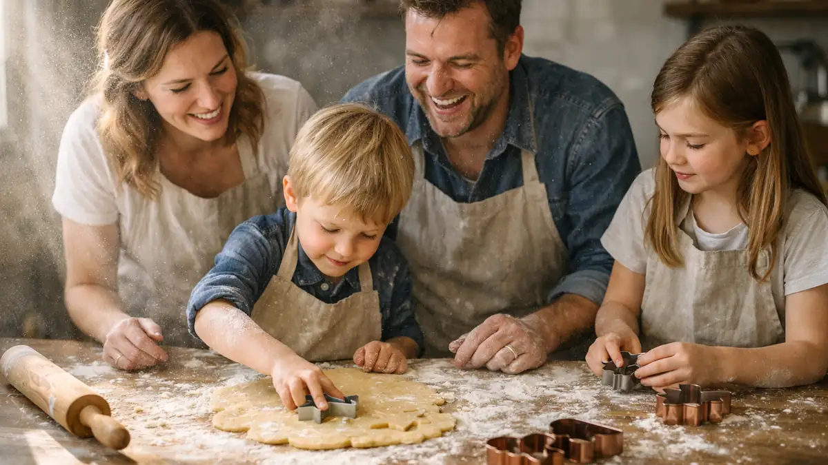 Family in aprons rolling out sugar cookie dough in a bright kitchen