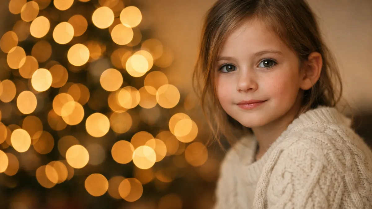 Girl in a cream sweater with large out-of-focus Christmas tree lights behind her