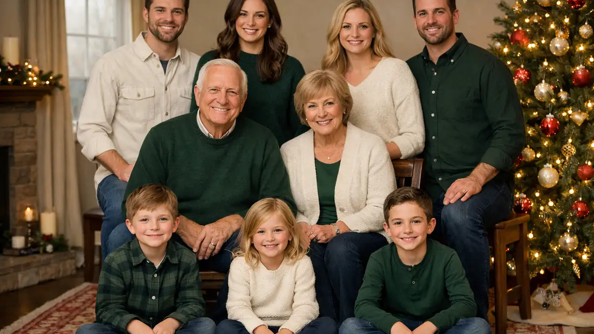 Eight-person family group posed in tiers so every face is visible