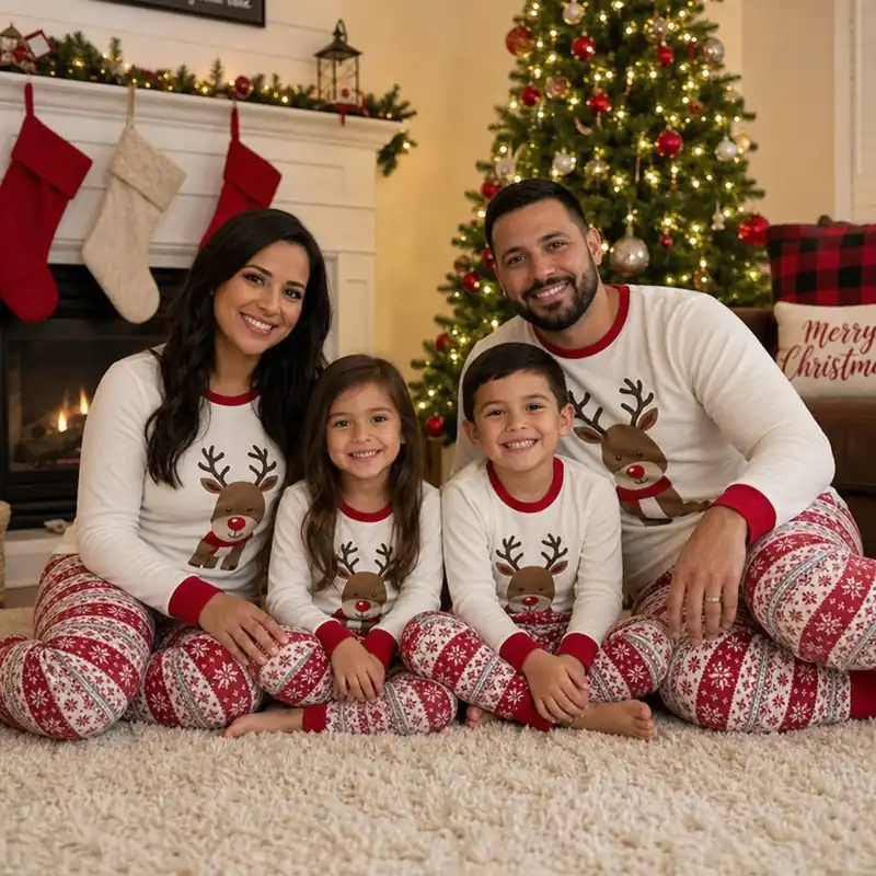Family of four in matching Christmas pajamas by the tree and fireplace