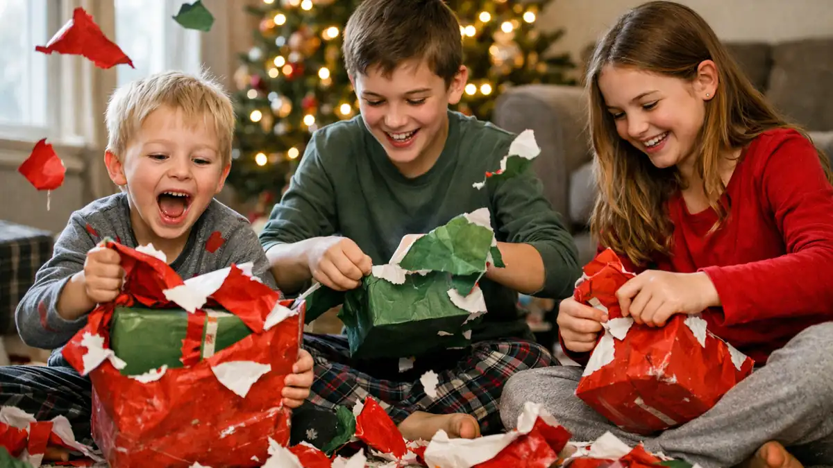 Three children tearing open wrapped presents on the living room floor