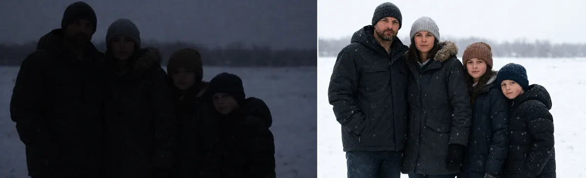Side-by-side comparison of a snowy family photo before and after exposure correction