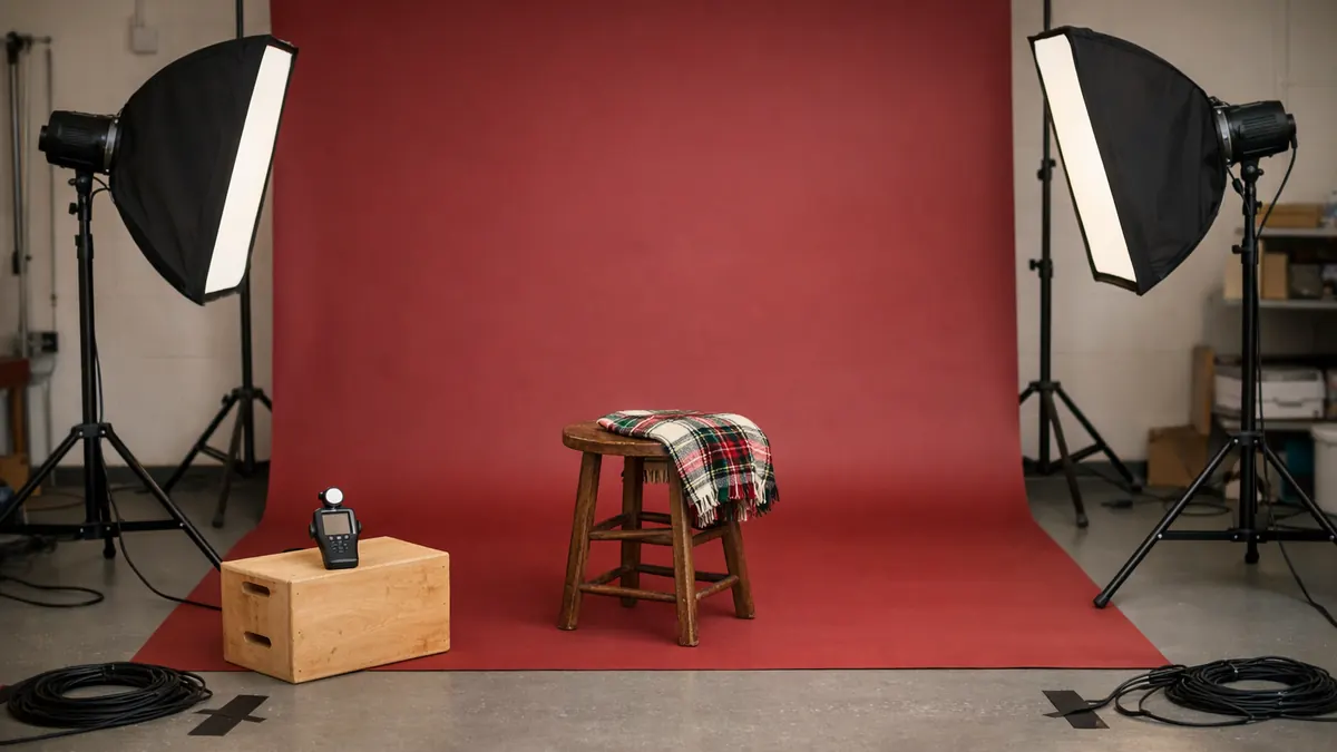 Empty portrait studio with a red backdrop and softboxes for holiday sessions