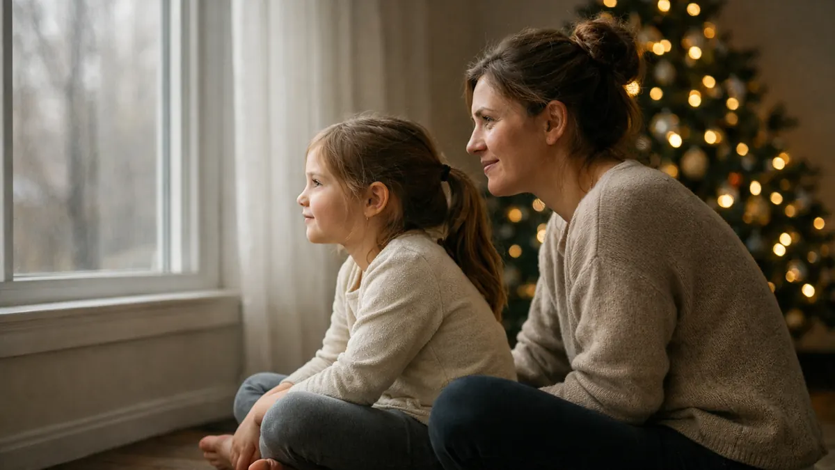 Mother and daughter lit by a large window with a Christmas tree behind them