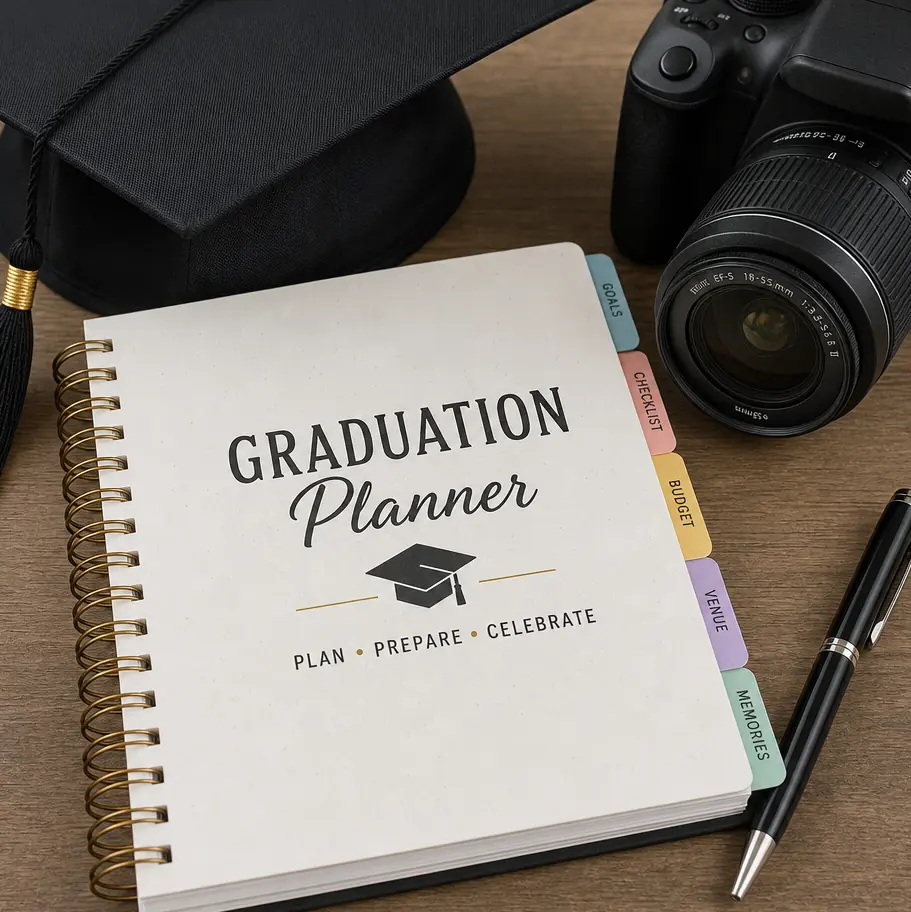 Graduation planner notebook, mortarboard cap and camera laid out on a desk