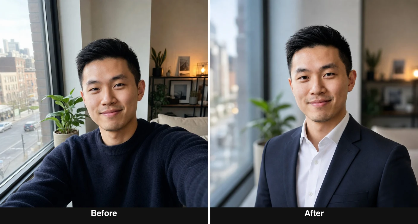 Before and after: casual selfie vs professional AI headshot