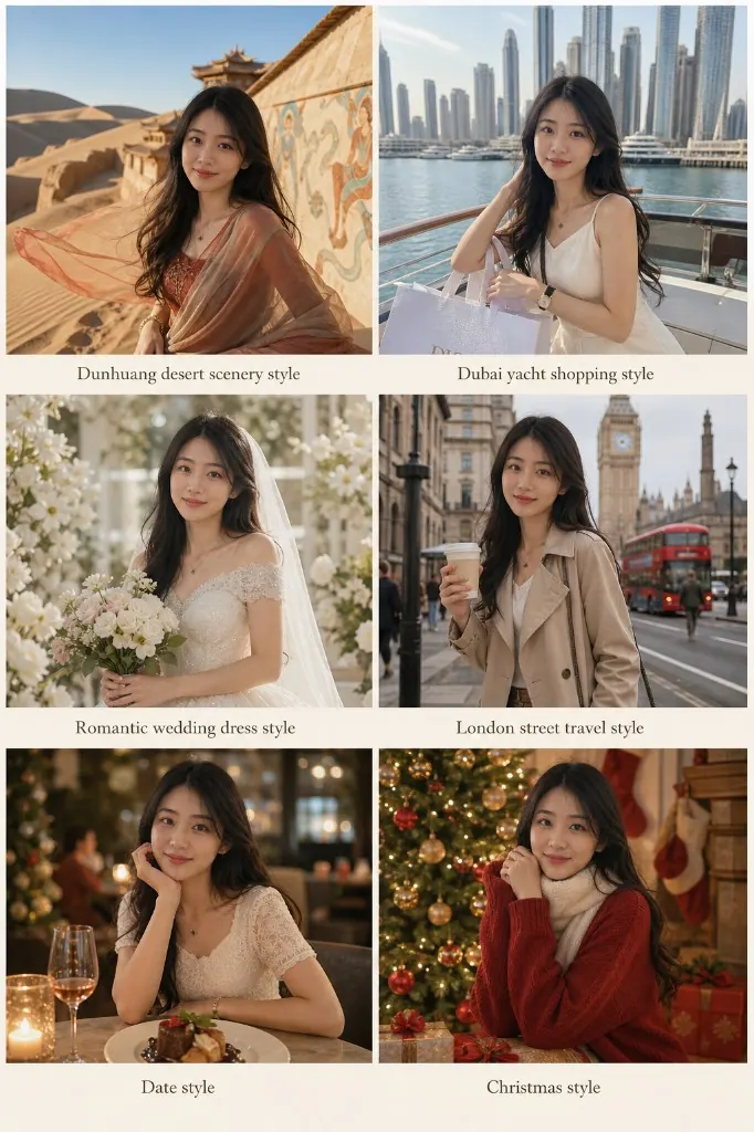 Photo Pack style examples: Dunhuang, Dubai yacht, wedding, London travel, date, and Christmas