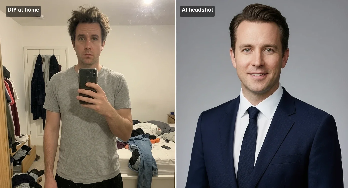 DIY at-home headshot setup compared with AI professional headshot