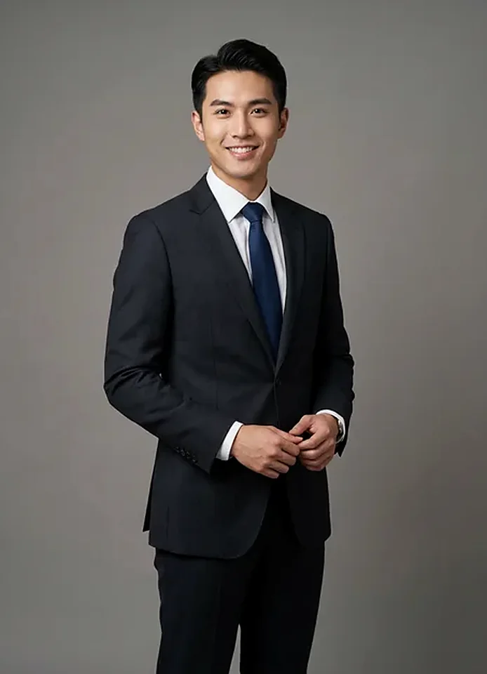 Composed lawyer headshot in a dark suit against a grey studio backdrop from the lawyer headshots pack