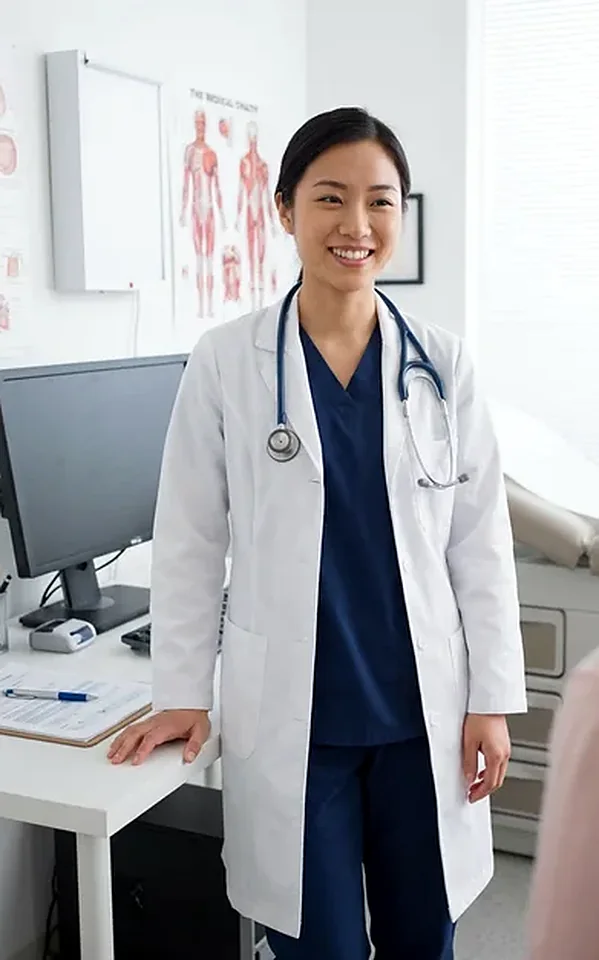 Healthcare professional in a white coat with a stethoscope in a bright clinic, generated by a medical headshots pack