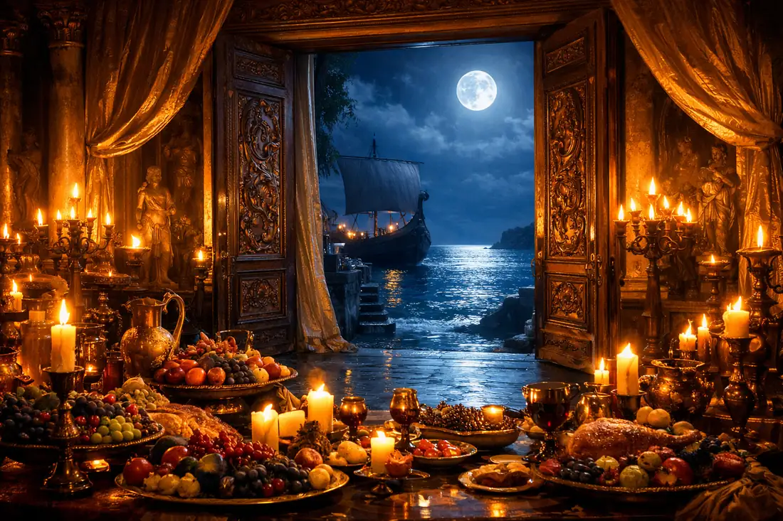 Golden banquet hall with open doors revealing a cold moonlit sea and waiting ship