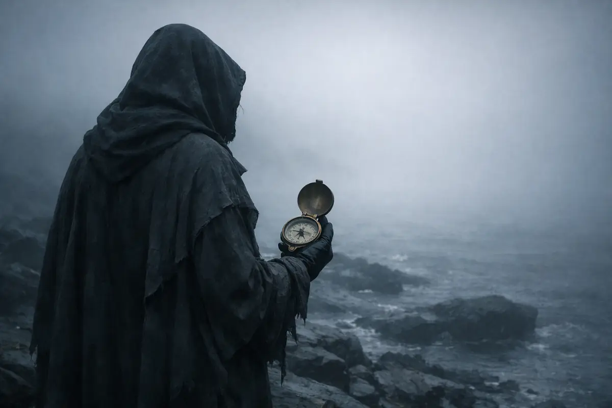 Cloaked figure on a foggy shore holding a brass compass with the path swallowed by mist
