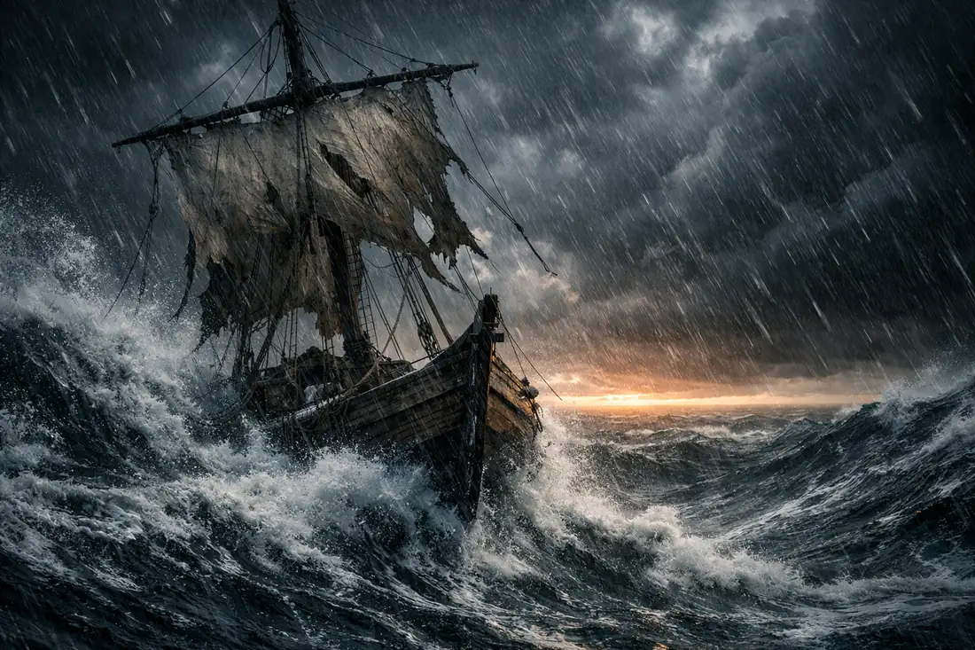 Battered ancient ship with torn sail pushing through a storm toward dawn light