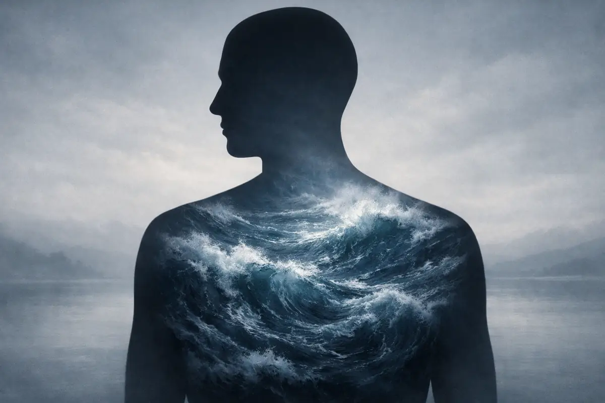 Silhouette filled with a turbulent inner ocean against a quiet outer world