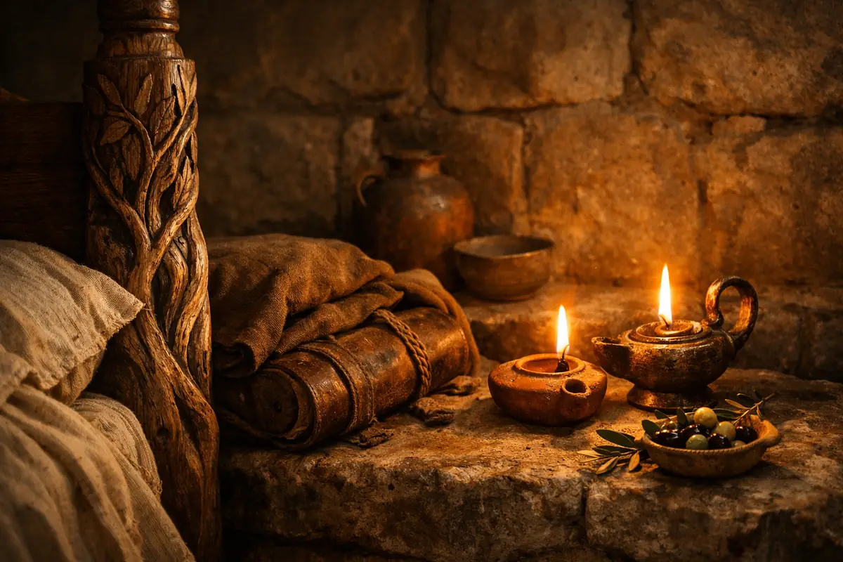 Olive-wood bedpost and two oil lamps in a quiet stone room, symbol of shared memory